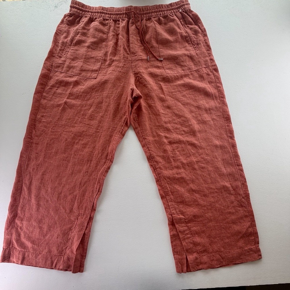 Athleta Wide Leg Drawstring Pants Women's Sz  22 Coral Orange 100% Linen Retreat